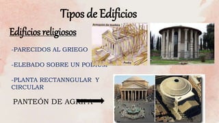 Tipos de Edificios
Edificios religiosos
-PARECIDOS AL GRIEGO
-ELEBADO SOBRE UN PODIUM
-PLANTA RECTANNGULAR Y
CIRCULAR
PANTEÓN DE AGRIPA
 
