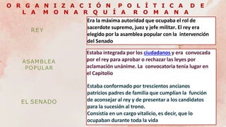 O R G A N I Z A C I Ó N P O L Í T I C A D E
L A M O N A R Q U Í A R O M A N A
REY
ASAMBLEA
POPULAR
EL SENADO
Era la máxima autoridad que ocupaba el rol de
sacerdote supremo, juez y jefe militar. El rey era
elegido por la asamblea popular con la intervención
del Senado
Estaba integrada por los ciudadanos y era convocada
por el rey para aprobar o rechazar las leyes por
aclamación unánime. La convocatoria tenía lugar en
el Capitolio
Estaba conformado por trescientos ancianos
patricios padres de familia que cumplían la función
de aconsejar al rey y de presentar a los candidatos
para la sucesión al trono.
Consistía en un cargo vitalicio, es decir, que lo
ocupaban durante toda la vida
 