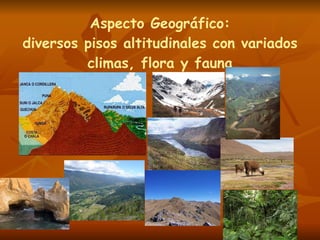 Aspecto Geográfico: diversos pisos altitudinales con variados climas, flora y fauna