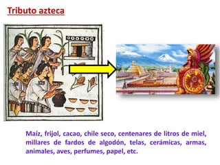 Tributo azteca
Maíz, frijol, cacao, chile seco, centenares de litros de miel,
millares de fardos de algodón, telas, cerámicas, armas,
animales, aves, perfumes, papel, etc.
 