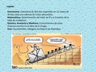 Legado:

Astronomía: Calendario de 365 días repartidos en 12 meses de
30 días cada uno además de 5 días adicionales.
Matemáticas: Determinación del Valor de Pi y la Creación de la
tabla de multiplicar
Química, Anatomía y Medicina: Conocimientos de estas
materias escritos en el libro de la cirugía.
Arte: Las pirámides, Hipogeos (tumbas) y las Mastabas.
 