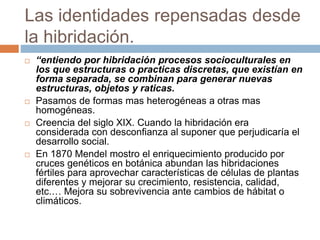 Las identidades repensadas desde
la hibridación.
 “entiendo por hibridación procesos socioculturales en
los que estructuras o practicas discretas, que existían en
forma separada, se combinan para generar nuevas
estructuras, objetos y raticas.
 Pasamos de formas mas heterogéneas a otras mas
homogéneas.
 Creencia del siglo XIX. Cuando la hibridación era
considerada con desconfianza al suponer que perjudicaría el
desarrollo social.
 En 1870 Mendel mostro el enriquecimiento producido por
cruces genéticos en botánica abundan las hibridaciones
fértiles para aprovechar características de células de plantas
diferentes y mejorar su crecimiento, resistencia, calidad,
etc.… Mejora su sobrevivencia ante cambios de hábitat o
climáticos.
 