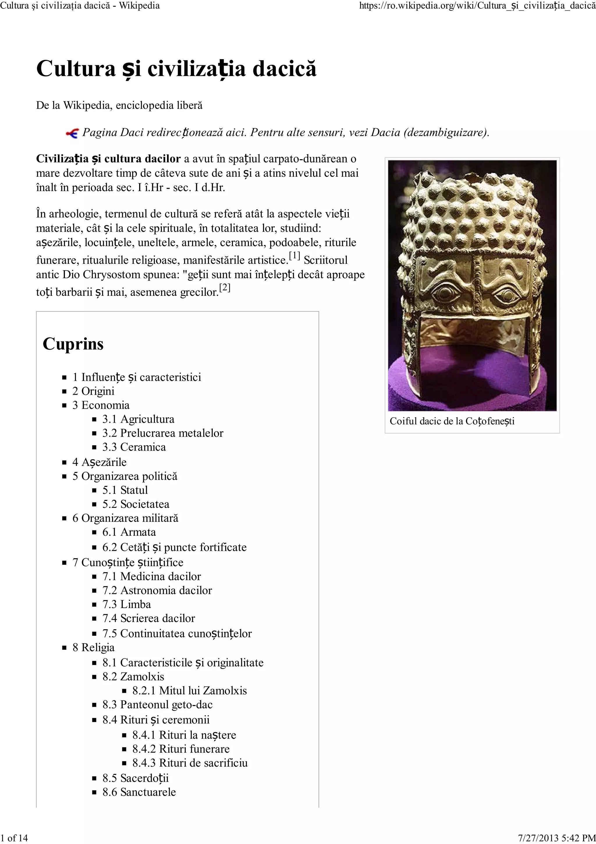 Statul Dac Cultura si civilizatia dacica | PDF