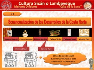 Cultura Sicán o Lambayeque“Casa de la Luna”Mejores OrfebresI. TDominio ChavínDominio WaryEl Modelo de ESTADO puede DESAPARECER, pero la Población  PERMANECE.Scuencualización de los Desarrollos de la Costa Norte