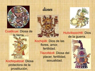 dioses
Coatlicue: Diosa de
la tierra.
Huitzilopochtli: Dios
de la guerra.
Xochipilli: Dios de las
flores, amor,
fertilidad.
Xochiquétzal: Diosa
protectora de la
prostitución.
Tlazoltéotl: Diosa del
placer, fertilidad,
sexualidad.
 