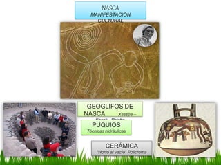 NASCA
MANIFESTACIÓN
CULTURAL
GEOGLIFOS DE
NASCA Xesspe –
Kosok - Reiche
PUQUIOS
Técnicas hidráulicas
CERÁMICA
“Horro al vacío” Policroma
 