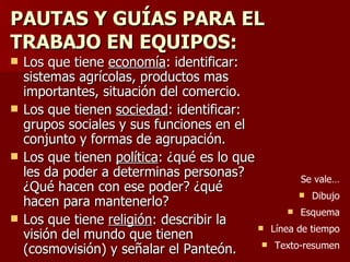PAUTAS Y GUÍAS PARA EL TRABAJO EN EQUIPOS:  Los que tiene  economía : identificar: sistemas agrícolas, productos mas importantes, situación del comercio.  Los que tienen  sociedad : identificar: grupos sociales y sus funciones en el conjunto y formas de agrupación.  Los que tienen  política : ¿qué es lo que les da poder a determinas personas? ¿Qué hacen con ese poder? ¿qué hacen para mantenerlo? Los que tiene  religión : describir la visión del mundo que tienen (cosmovisión) y señalar el Panteón.  Se vale… Dibujo Esquema Línea de tiempo Texto-resumen 