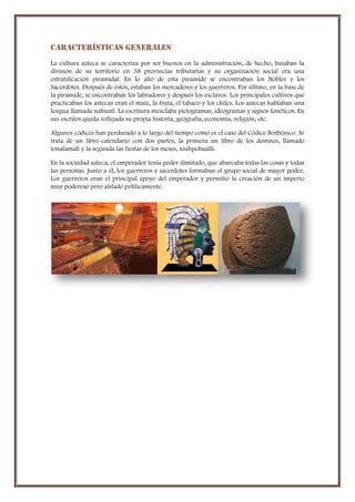 Características generales 
La cultura azteca se caracteriza por ser buenos en la administración, de hecho, basaban la divi...