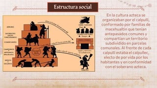 En la cultura azteca se
organizaban por el calpulli,
conformado por familias de
macehualtin que tenían
antepasados comunes y
compartían un territorio
subdividido en parcelas
comunales. Al frente de cada
calpulli estaba el calpullec,
electo de por vida por los
habitantes y en conformidad
con el soberano azteca.
Estructura social
 