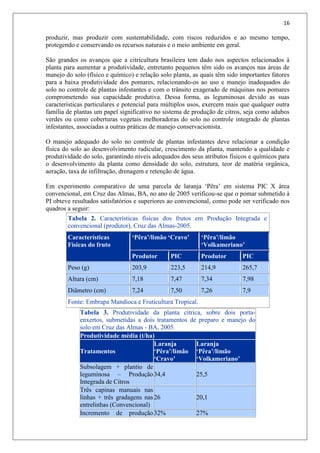 16
produzir, mas produzir com sustentabilidade, com riscos reduzidos e ao mesmo tempo,
protegendo e conservando os recursos naturais e o meio ambiente em geral.
São grandes os avanços que a citricultura brasileira tem dado nos aspectos relacionados à
planta para aumentar a produtividade, entretanto pequenos têm sido os avanços nas áreas de
manejo do solo (físico e químico) e relação solo planta, as quais têm sido importantes fatores
para a baixa produtividade dos pomares, relacionando-os ao uso e manejo inadequados do
solo no controle de plantas infestantes e com o trânsito exagerado de máquinas nos pomares
comprometendo sua capacidade produtiva. Dessa forma, as leguminosas devido as suas
características particulares e potencial para múltiplos usos, exercem mais que qualquer outra
família de plantas um papel significativo no sistema de produção de citros, seja como adubos
verdes ou como coberturas vegetais melhoradoras do solo no controle integrado de plantas
infestantes, associadas a outras práticas de manejo conservacionista.
O manejo adequado do solo no controle de plantas infestantes deve relacionar a condição
física do solo ao desenvolvimento radicular, crescimento da planta, mantendo a qualidade e
produtividade do solo, garantindo níveis adequados dos seus atributos físicos e químicos para
o desenvolvimento da planta como densidade do solo, estrutura, teor de matéria orgânica,
aeração, taxa de infiltração, drenagem e retenção de água.
Em experimento comparativo de uma parcela de laranja ‘Pêra’ em sistema PIC X área
convencional, em Cruz das Almas, BA, no ano de 2005 verificou-se que o pomar submetido à
PI obteve resultados satisfatórios e superiores ao convencional, como pode ser verificado nos
quadros a seguir:
Tabela 2. Características físicas dos frutos em Produção Integrada e
convencional (produtor), Cruz das Almas-2005.
Características
Físicas do fruto
‘Pêra’/limão ‘Cravo’ ‘Pêra’/limão
‘Volkameriano’
Produtor PIC Produtor PIC
Peso (g) 203,9 223,5 214,9 265,7
Altura (cm) 7,18 7,47 7,34 7,98
Diâmetro (cm) 7,24 7,50 7,26 7,9
Fonte: Embrapa Mandioca e Fruticultura Tropical.
Tabela 3. Produtividade da planta cítrica, sobre dois porta-
enxertos, submetidas a dois tratamentos de preparo e manejo do
solo em Cruz das Almas - BA, 2005.
Produtividade média (t/ha)
Tratamentos
Laranja
‘Pêra’/limão
‘Cravo’
Laranja
‘Pêra’/limão
‘Volkameriano’
Subsolagem + plantio de
leguminosa – Produção
Integrada de Citros
34,4 25,5
Três capinas manuais nas
linhas + três gradagens nas
entrelinhas (Convencional)
26 20,1
Incremento de produção32% 27%
 
