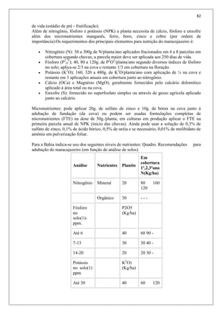 82
de vida (estádio de pré - frutificação).
Além de nitrogênio, fósforo e potássio (NPK) a planta necessita de cálcio, fósforo e enxofre
além dos micronutrientes manganês, ferro, boro, zinco e cobre (por ordem de
importância).Os requerimentos dos principais elementos para nutrição do maracujazeiro é:
 Nitrogênio (N): 30 a 300g de N/planta/ano aplicados fracionados em 4 a 8 parcelas em
cobertura segundo chuvas; a parcela maior deve ser aplicada aos 250 dias de vida.
 Fósforo (P2
O
5
); 40, 80 a 120g. de P2
O5
/planta/ano segundo diversos índices de fósforo
no solo; aplica-se 2/3 na cova e restante 1/3 em cobertura na floração.
 Potássio (K2
O); 160, 320 a 480g. de K2
O/planta/ano com aplicação de ¼ na cova e
restante em 3 aplicações anuais em cobertura junto ao nitrogênio.
 Cálcio (OCa) e Magnésio (MgO); geralmente fornecidos pelo calcário dolomítico
aplicado à área total ou na cova.
 Enxofre (S): fornecido no superfosfato simples ou através de gesso agrícola aplicado
junto ao calcário.
Micronutrientes: pode aplicar 20g. de sulfato de zinco e 10g. de bórax na cova junto à
adubação de fundação (da cova) ou podem ser usadas formulações completas de
micronutrientes (FTE) na dose de 50g./planta; em culturas em produção aplicar o FTE na
primeira parcela anual de NPK (inicio das chuvas). Ainda pode usar a solução de 0,3% de
sulfato de zinco, 0,1% de ácido bórico, 0,5% de uréia e se necessário, 0,01% de molibidato de
amônio em pulverização foliar.
Para a Bahia indica-se uso dos seguintes níveis de nutrientes: Quadro. Recomendações para
adubação do maracujazeiro (em função de análise de solos).
Análise Nutrientes Plantio
Em
cobertura
1º,2,3ºano
N(Kg/ha)
Nitrogênio Mineral 20 80 160
120
Orgânico 30 - - -
Fósforo
no
solo(1)-
ppm.
P2O5
(Kg/ha)
Até 6 40 60 90 -
7-13 30 30 40 -
14-20 20 20 30 -
Potássio
no solo(1)
ppm
K2
O)
(Kg/ha)
Até 30 40 60 120
 