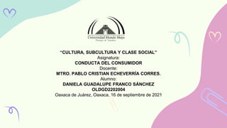 “CULTURA, SUBCULTURA Y CLASE SOCIAL”
Asignatura:
CONDUCTA DEL CONSUMIDOR
Docente:
MTRO. PABLO CRISTIAN ECHEVERRÍA CORRES.
Alumno:
DANIELA GUADALUPE FRANCO SÁNCHEZ
OLDGD2202004
Oaxaca de Juárez, Oaxaca, 16 de septiembre de 2021
 