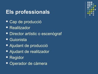 Els professionals
 Cap de producció
 Realitzador
 Director artístic o escenògraf
 Guionista
 Ajudant de producció
 Ajudant de realitzador
 Regidor
 Operador de càmera
 