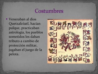 Veneraban al dios Quetzalcóatl, hacían pulque, practicaban astrología,  los pueblos sometidos les daban tributo a cambio de protección militar, jugaban el juego de la pelota. 