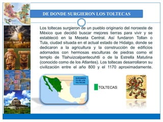DE DONDE SURGIERON LOS TOLTECAS


Los toltecas surgieron de un pueblo originario del noroeste de
México que decidió buscar mejores tierras para vivir y se
estableció en la Meseta Central. Así fundaron Tollan o
Tula, ciudad situada en el actual estado de Hidalgo, donde se
dedicaron a la agricultura y la construcción de edificios
adornados con hermosas esculturas de piedras como el
templo de Tlahuizcalpantecuhtli o de la Estrella Matutina
(conocido como de los Atlantes). Los toltecas desarrollaron su
civilización entre el año 800 y el 1170 aproximadamente.

                   SURGIMIEN
                   TO DE LOS
                   TOLTECAS

                                TOLTECASs
 
