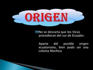 No se descarta que los Vicús
procedieran del sur de Ecuador.

Aparte    del   posible  origen
ecuatoriano, bien pudo ser una
colonia Mochica
 