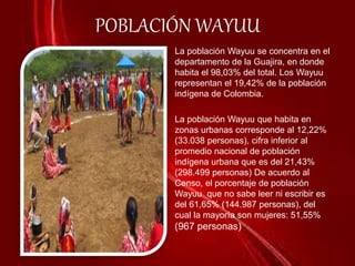 POBLACIÓN WAYUU
• La población Wayuu se concentra en el
departamento de la Guajira, en donde
habita el 98,03% del total. Los Wayuu
representan el 19,42% de la población
indígena de Colombia.
• La población Wayuu que habita en
zonas urbanas corresponde al 12,22%
(33.038 personas), cifra inferior al
promedio nacional de población
indígena urbana que es del 21,43%
(298.499 personas) De acuerdo al
Censo, el porcentaje de población
Wayuu que no sabe leer ni escribir es
del 61,65% (144.987 personas), del
cual la mayoría son mujeres: 51,55%
(967 personas)
 