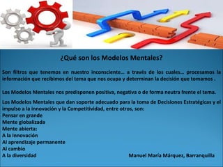 ¿Qué son los Modelos Mentales? Son filtros que tenemos en nuestro inconsciente… a través de los cuales… procesamos la información que recibimos del tema que nos ocupa y determinan la decisión que tomamos . Los Modelos Mentales nos predisponen positiva, negativa o de forma neutra frente el tema. Los Modelos Mentales que dan soporte adecuado para la toma de Decisiones Estratégicas y el impulso a la innovación y la Competitividad, entre otros, son:  Pensar en grande Mente globalizada Mente abierta: A la Innovación Al aprendizaje permanente Al cambio A la diversidad  Manuel María Márquez, Barranquilla 