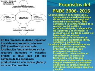 En las regiones se deben implantar  los sistemas productivos locales  (SPL) mediante procesos de  focalizaci ó n fundamentados en los  recursos humanos y materias primas, al igual que por los cambios de los esquemas  productivos en una escala global y en la acci ó n colectiva. La educación en su función social, atendiendo a las particularidades de los contextos local, regional, nacional e internacional, debe contribuir a la transformación de la realidad social, política y económica del país, la superación de la pobreza y la exclusión, la reconstrucción del tejido social y el fomento de los valores democráticos, la formación de ciudadanos y ciudadanas libres, solidarios y autónomos. La educación debe materializarse en políticas, planes, programas, proyectos y acciones, que promuevan la cultura, la investigación, la innovación, el conocimiento, la ciencia, la tecnología y la técnica que contribuyan al desarrollo humano integral, sostenible y sustentable, ampliando las oportunidades de individuos, comunidades, regiones y nación.  