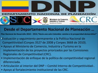 Desde el Departamento Nacional de Planeación … Evaluación y seguimiento permanente a la Política Nacional de  Competitividad (Conpes 3527 de 2008 y Conpes 3668 de 2010). •  Apoyo al Ministerio de Comercio, Industria y Turismo en la  implementación de los proyectos priorizados por las Comisiones  Regionales de Competitividad (CRC). •  Implementación de enfoque de la política de competitividad regional diferenciada. •  Articulación al interior del DNP – Comité Interno de Competitividad‐. •  Apoyo al fortalecimiento institucional de las CRC. Plan Nacional de Desarrollo 2010 – 2014, “ Hacia una sola Colombia: camino a la prosperidad democrática ” 