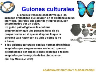 Guiones culturales
El análisis transaccional afirma que los
sucesos dramáticos que ocurren en la existencia de un
individuo, los roles que aprende y representa, son
determinados por un guión.
Un guión psicológico es la continua
programación que una persona hace de su
propio drama, en el que se dispone lo que la
persona va a hacer con su vida y cómo lo va
a hacer.
• Y los guiones culturales son las normas dramáticas
aceptadas que surgen en una sociedad, que son
determinadas por suposiciones expresas o tácitas,
aceptadas por la mayoría de los ciudadanos.
(Del Rey Morató, J. 2004)
ACADEMIA DE CULTURA Y GLOBALIZACIÓN
 