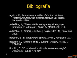 Bibliografía Aguirre, R.,  La mesa compartida. Estudios del Nuevo Testamento desde las ciencias sociales , Sal Terrae, Santander 1994. Aldazábal, J., “El sentido de lo sagrado y el lenguaje simbólico en la liturgia”,  Phase  27 (1987), 295-310. Aldazábal, J.,  Gestos y símbolos,  Dossiers CPL 40,   Barcelona 2000. Barbotin, E.,  El lenguaje del cuerpo,  2 vols., Pamplona 1977. Basurko, X., “Símbolo, culto y cultura”,  Phase  27 (1987), 271-294. Borobio, D., “El modelo simbólico de sacramentología”,  Phase  138 (1983), 473-489. 