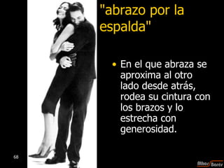 "abrazo por la espalda" En el que abraza se aproxima al otro lado desde atrás, rodea su cintura con los brazos y lo estrecha con generosidad.  