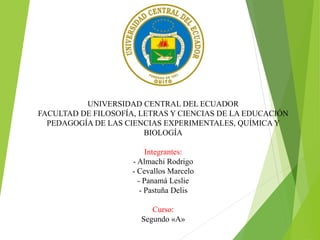 UNIVERSIDAD CENTRAL DEL ECUADOR
FACULTAD DE FILOSOFÍA, LETRAS Y CIENCIAS DE LA EDUCACIÓN
PEDAGOGÍA DE LAS CIENCIAS EXPERIMENTALES, QUÍMICA Y
BIOLOGÍA
Integrantes:
- Almachi Rodrigo
- Cevallos Marcelo
- Panamá Leslie
- Pastuña Delis
Curso:
Segundo «A»
 