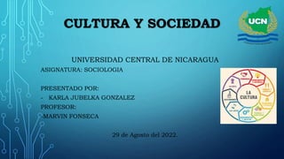 CULTURA Y SOCIEDAD
UNIVERSIDAD CENTRAL DE NICARAGUA
ASIGNATURA: SOCIOLOGIA
PRESENTADO POR:
- KARLA JUBELKA GONZALEZ
PROFESOR:
-MARVIN FONSECA
29 de Agosto del 2022.
 