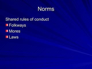 Norms Shared rules of conduct Folkways Mores Laws 