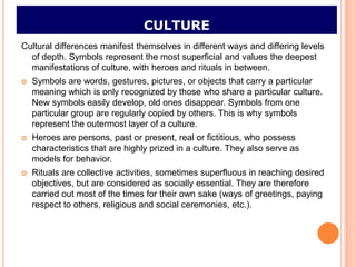 CULTURE
Cultural differences manifest themselves in different ways and differing levels
  of depth. Symbols represent the most superficial and values the deepest
  manifestations of culture, with heroes and rituals in between.
   Symbols are words, gestures, pictures, or objects that carry a particular
    meaning which is only recognized by those who share a particular culture.
    New symbols easily develop, old ones disappear. Symbols from one
    particular group are regularly copied by others. This is why symbols
    represent the outermost layer of a culture.
   Heroes are persons, past or present, real or fictitious, who possess
    characteristics that are highly prized in a culture. They also serve as
    models for behavior.
   Rituals are collective activities, sometimes superfluous in reaching desired
    objectives, but are considered as socially essential. They are therefore
    carried out most of the times for their own sake (ways of greetings, paying
    respect to others, religious and social ceremonies, etc.).
 
