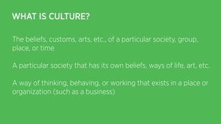 WHAT IS CULTURE?
!
!
!
The beliefs, customs, arts, etc., of a particular society, group,
place, or time
!
A particular soc...