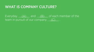 WHAT IS COMPANY CULTURE?
Everyday (A) and (B) of each member of the
team in pursuit of our company (C) .
!
 