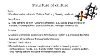 Structure of culture
Trait
Smallest unit of culture is “Cultural Trait” e.g Shaking hands etc
Complexes
Traits combine to form “Cultural Complexes” e.g. Dance group consists of
dancers, choreographers, production house, manager, audience etc.
Pattern
Cultural Complexes combines to form Cultural Pattern e.g. industrial township
has a way of life different from agricultural society
Cultural Institutions
An institution is a series of complexes and patterns centering around a
configuration of needs. e.g.: Family: match making complex, wedding pattern,
child rearing pattern, husband-wife relation pattern, etc.
 