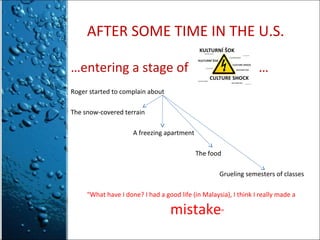 AFTER SOME TIME IN THE U.S.
…entering a stage of

…

Roger started to complain about
The snow-covered terrain
A freezing apartment
The food
Grueling semesters of classes
“What have I done? I had a good life (in Malaysia), I think I really made a

mistake”

 