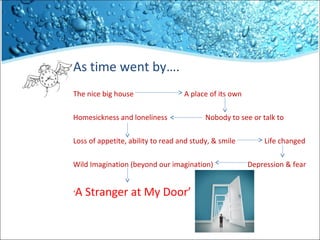 As time went by….
The nice big house

A place of its own

Homesickness and loneliness

Nobody to see or talk to

Loss of appetite, ability to read and study, & smile
Wild Imagination (beyond our imagination)
‘A

Stranger at My Door’

Life changed
Depression & fear

 
