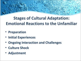 Stages of Cultural Adaptation:
Emotional Reactions to the Unfamiliar
•
•
•
•
•

Preparation
Initial Experiences
Ongoing Interaction and Challenges
Culture Shock
Adjustment

 