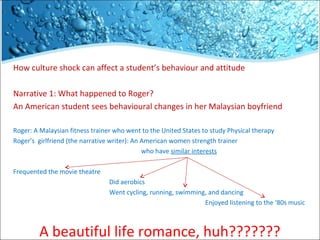How culture shock can affect a student’s behaviour and attitude
Narrative 1: What happened to Roger?
An American student sees behavioural changes in her Malaysian boyfriend
Roger: A Malaysian fitness trainer who went to the United States to study Physical therapy
Roger’s girlfriend (the narrative writer): An American women strength trainer
who have similar interests
Frequented the movie theatre
Did aerobics
Went cycling, running, swimming, and dancing
Enjoyed listening to the ‘80s music

A beautiful life romance, huh???????

 