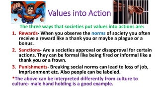 Values into Action
The three ways that societies put values into actions are:
1. Rewards- When you observe the norms of society you often
receive a reward like a thank you or maybe a plague or a
bonus.
2. Sanctions- Are a societies approval or disapproval for certain
actions. They can be formal like being fired or informal like a
thank you or a frown.
3. Punishments- Breaking social norms can lead to loss of job,
imprisonment etc. Also people can be labeled.
*The above can be interpreted differently from culture to
culture- male hand holding is a good example.
 