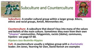 Subculture and Counterculture
Subculture- A smaller cultural group within a larger group. Bikers,
ethnic and racial groups, Amish, Mennonites etc.
Counterculture- A subculture that doesn’t buy into many of the values
and beliefs of the main culture. Sometimes they even from their own
“Utopian” communities. Polygamists, racists (Idaho), communes,
hipsters- see page 67-68.
Hipsters-Jazz-Beatniks-Hippies
Cult- A counterculture usually a religious group with a charismatic
leader. Jim Jones, Yearning for Zion, David Koresh are examples
 