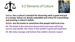 3.2 Elements of Culture
Values- Are a culture’s standard for discerning what is good and just
in a society. Values are deeply embedded and critical for transmitting
and teaching a culture’s beliefs.
Beliefs- Are the tenets or convictions that people hold to be true.
EX- The belief in the American Dream that hard work will bring
success and wealth. Our value is that wealth is good and important
EX- We value courage and believe that soldiers deserve respect
 