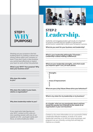 Working out your purpose is the first
building block to creating a vibrant and
strong culture within your company or
team. If you don’t have a clear purpose,
you cannot lead effectively or expect
your team to work at their full potential.
What is your WHY? Your purpose? Why
does your business exist?
Why does this matter
to you?
Why does this matter to your team,
clients or organisation?
Why does leadership matter to you?
If you need extra help figuring out
your WHY, contact us for a one-on-
one coaching session with one of our
experts at LHQ - you’ll gain clarity and
focus, as well as build your skills!
STEP 2
Leadership.
Authentic and engaging leaders get results; it’s important
to invest in yourself and your leaders to get the best
performance. Leadership is vital to your company’s success.
What do you want for your business and leadership?
What is your leadership philosophy? (Example –
Leadership is about making a difference)
What are your leadership strengths, and what could
you improve upon? List 3 of each please.
»» Strengths
1.
2.
3.
»» Areas of Improvement
1.
2.
3.
What are your 5 Key Values (these drive your behaviour)?
What is my vision for my leadership or my business?
As a leader, what are you passionate about and how
would this passion be of benefit to the needs of an
organisation or your own business?
Contact us for more information on our successful Online
Leadership Attitude Academy, to book in for some
leadership coaching, or to find out what workshops and
programs we are currently running that will help you
improve as a leader.
STEP 1
WHY
(PURPOSE)
 