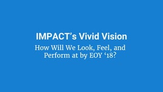 IMPACT’s Vivid Vision
How Will We Look, Feel, and
Perform at by EOY ‘18?
 