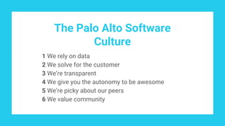 The Palo Alto Software
Culture
1 We rely on data
2 We solve for the customer
3 We’re transparent
4 We give you the autonomy to be awesome
5 We’re picky about our peers
6 We value community
 