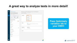 opticon2017
A great way to analyze tests in more detail!
Pass Optimizely
variation ids to
your DWH!
 