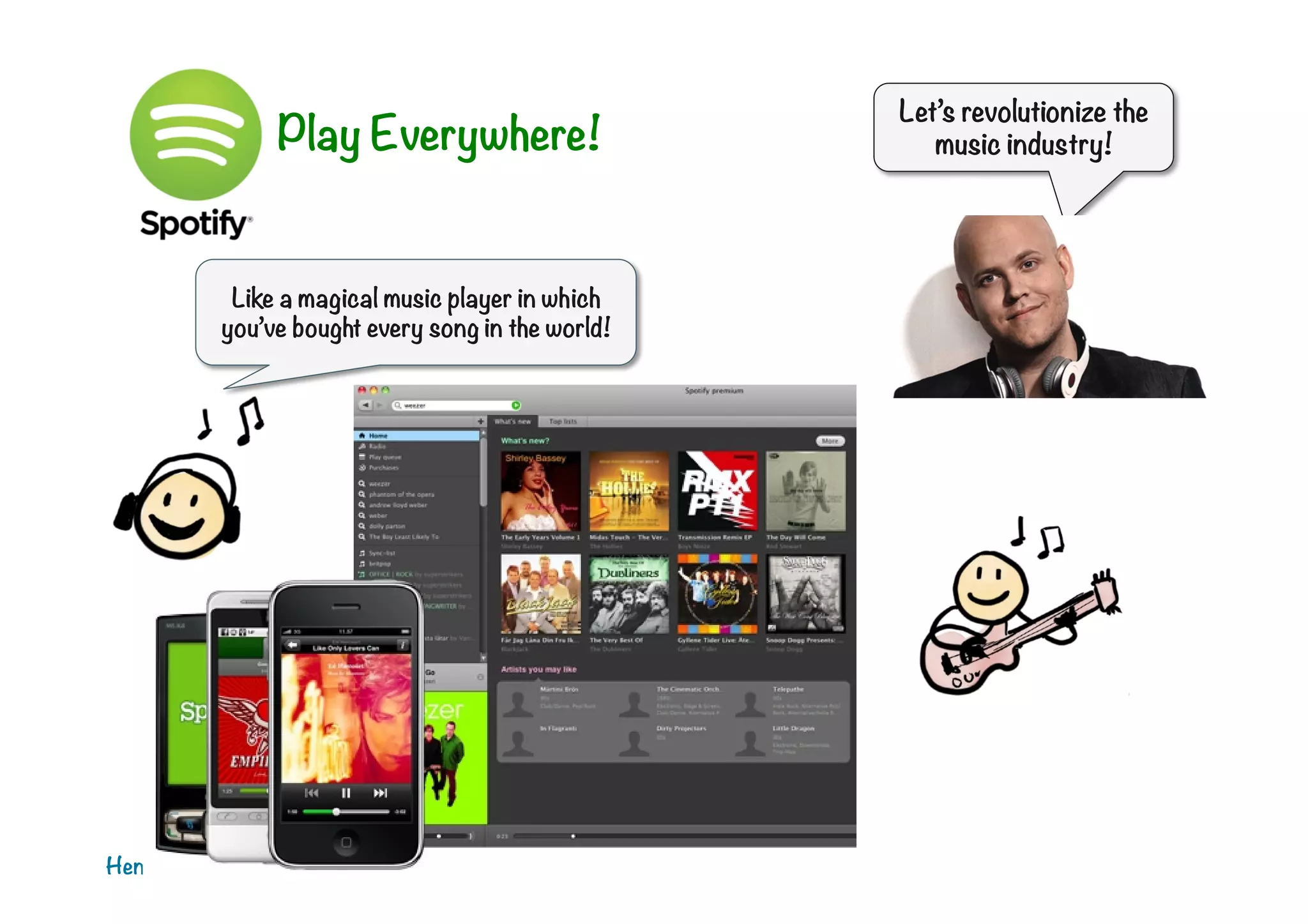 Play Everywhere!

Like a magical music player in which
you’ve bought every song in the world!

Henrik Kniberg

Let’s revolutionize the
music industry!

 