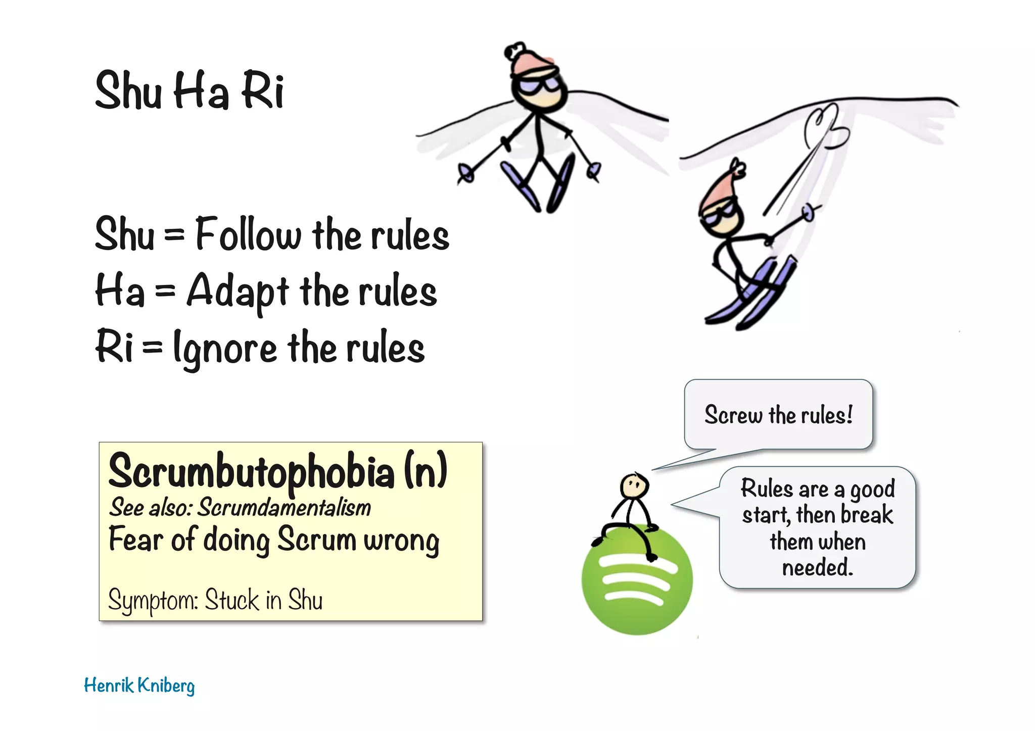 Shu Ha Ri
Shu = Follow the rules
Ha = Adapt the rules
Ri = Ignore the rules
Screw the rules!

Scrumbutophobia (n)
See also: Scrumdamentalism

Fear of doing Scrum wrong

Symptom: Stuck in Shu
Henrik Kniberg

Rules are a good
start, then break
them when
needed.

 