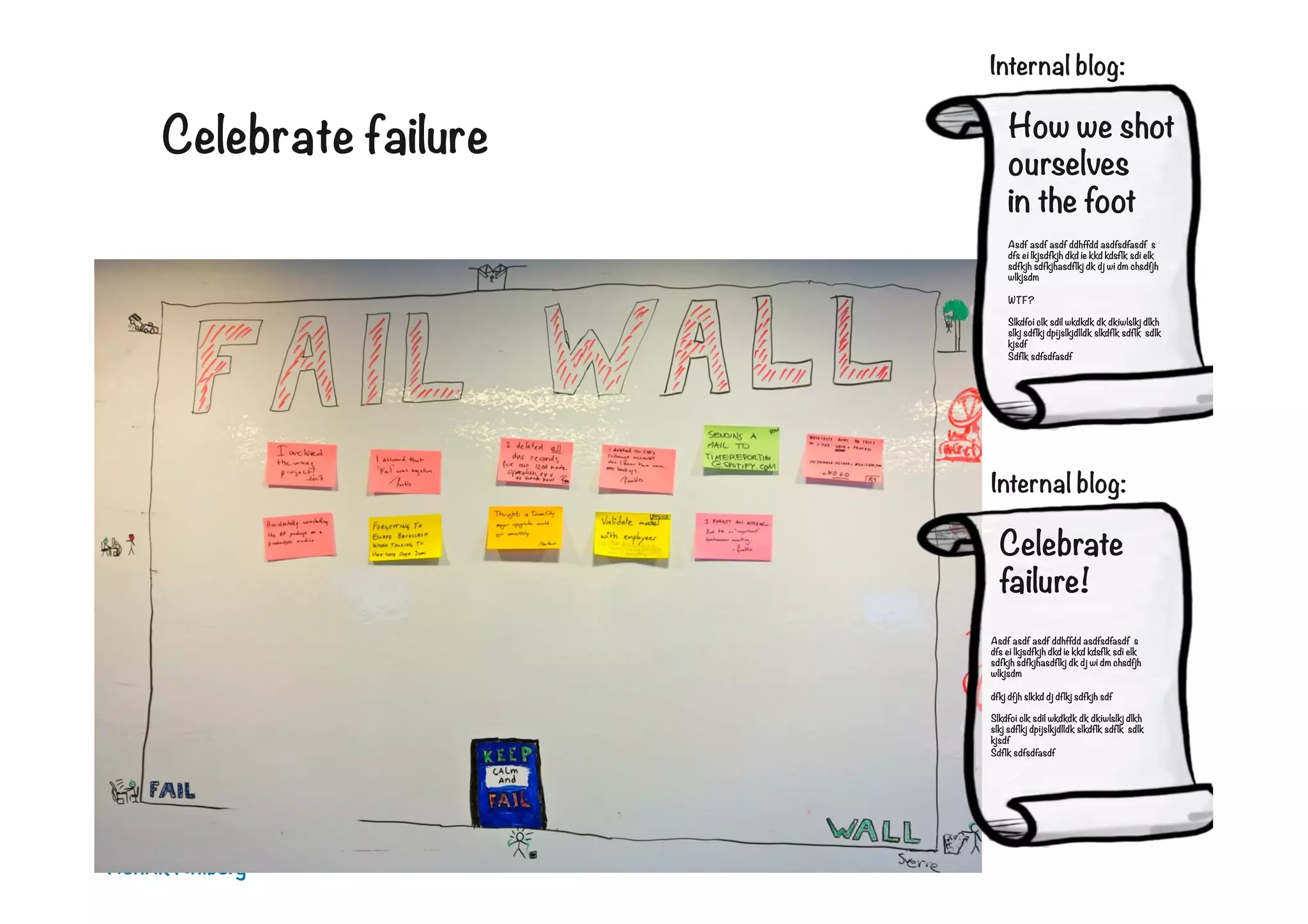 Internal blog:

Celebrate failure

How we shot
ourselves
in the foot
Asdf asdf asdf ddhffdd asdfsdfasdf s
dfs ei lkjsdfkjh dkd ie kkd kdsflk sdi elk
sdfkjh sdfkjhasdflkj dk dj wi dm chsdfjh
wlkjsdm 

WTF?

Slkdfoi clk sdil wkdkdk dk dkiwlslkj dlkh
slkj sdflkj dpijslkjdlldk slkdflk sdflk sdlk
kjsdf
Sdflk sdfsdfasdf

Internal blog:

Celebrate
failure!
Asdf asdf asdf ddhffdd asdfsdfasdf s
dfs ei lkjsdfkjh dkd ie kkd kdsflk sdi elk
sdfkjh sdfkjhasdflkj dk dj wi dm chsdfjh
wlkjsdm 

dfkj dfjh slkkd dj dflkj sdfkjh sdf

Slkdfoi clk sdil wkdkdk dk dkiwlslkj dlkh
slkj sdflkj dpijslkjdlldk slkdflk sdflk sdlk
kjsdf
Sdflk sdfsdfasdf

Henrik Kniberg

 