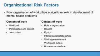 Organizational Risk Factors
• Poor organization of work plays a significant role in development of
mental health problems
Content of work
• Workload
• Participation and control
• Job content
Context of work
• Role in organization
• Reward
• Equity
• Interpersonal relationships
• Working environment
• Workplace culture
• Home-work interface
 