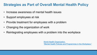 Strategies as Part of Overall Mental Health Policy
• Increase awareness of mental health issues
• Support employees at risk
• Provide treatment for employees with a problem
• Changing the organization of work
• Reintegrating employees with a problem into the workplace
World Health Organization.
“Mental Health Policies and Programmes in the Workplace.”
 